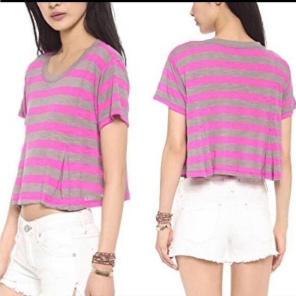 Free People Super Soft Crop Top Pewter Purple Striped Pleated T-Shirt Casual Tee - Picture 2 of 10